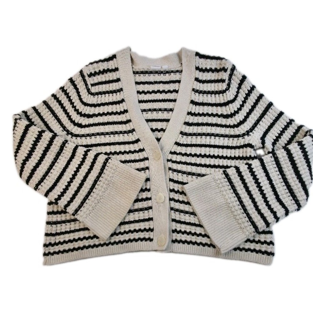 Gap Cropped Cardigan Sweater Womens L Cream Black Striped Waffle Knit V-Neck